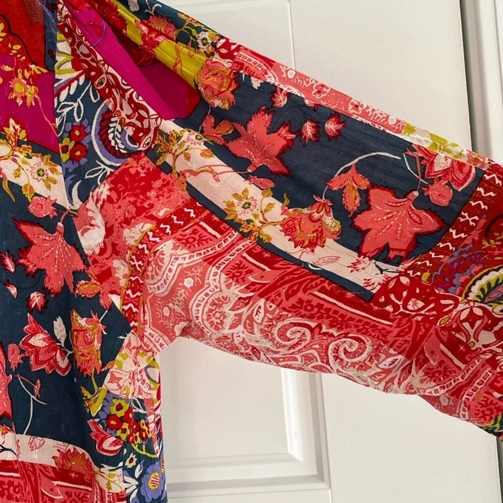 Jones New York Patchwork Floral Paisley Boho Blouse 3/4 Tie Sleeve 1X